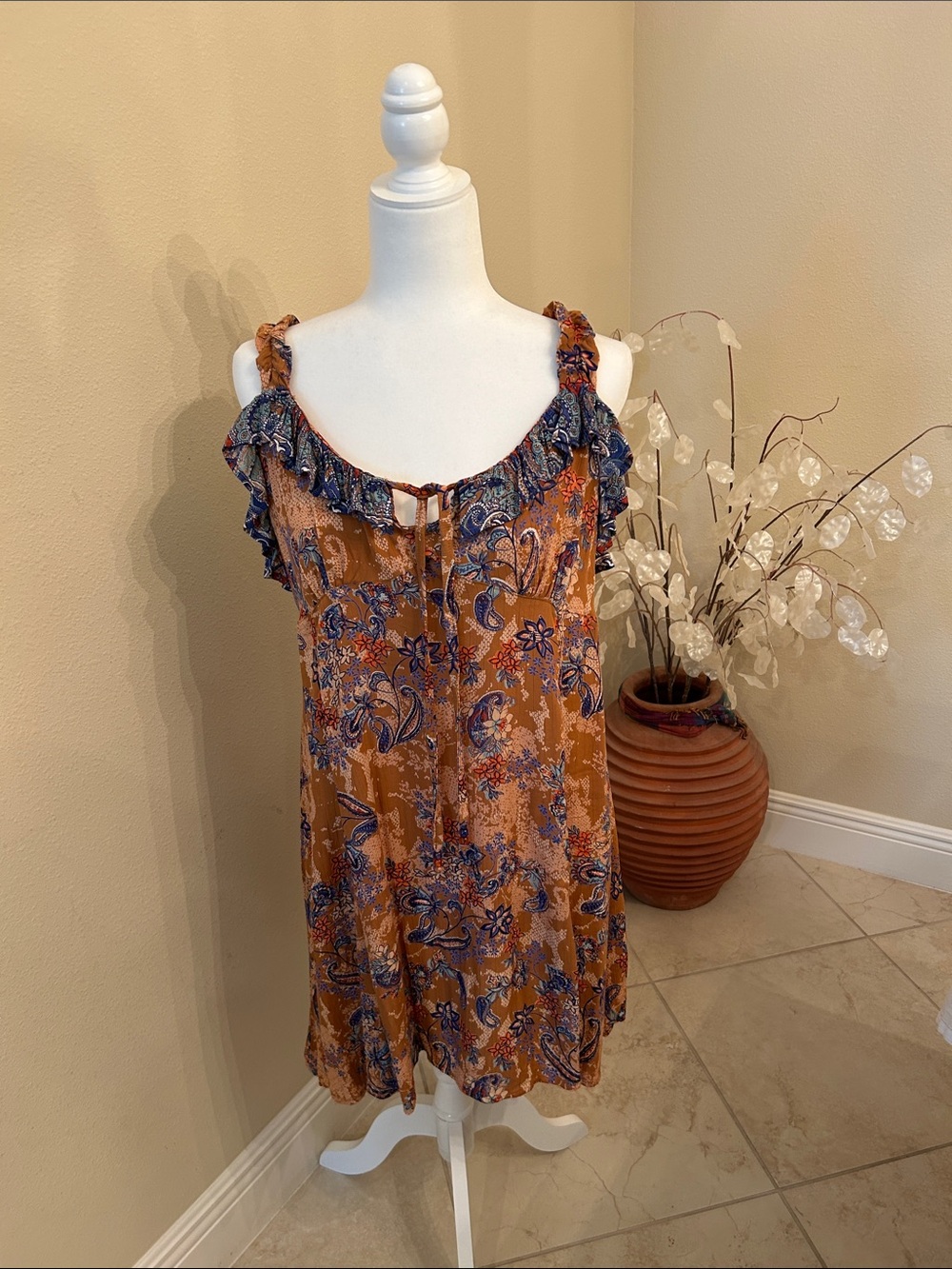 Angie Rust and Blue Floral Ruffle Sundress